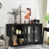 Black Wood Buffet Kitchen Dining Sideboard Storage Cabinet w/ Glass Sliding Door