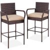 Set of 2 Brown Indoor/Outdoor Wicker Bar Stools w/ 2 Tan Cushions