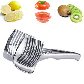 1pc Tomato Lemon Slicer Holder; Round Fruits Onion Shredder Cutter Guide Tongs With Handle; Stainless Steel Kitchen Cutting Potato Lime Food Stand